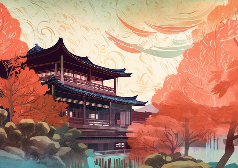 中国国潮国风新中式古风建筑红色的树木和平静的湖面室外风景场景背景插画,插画/手绘图,插画/手绘图库,插画/手绘图下载,插画/手绘